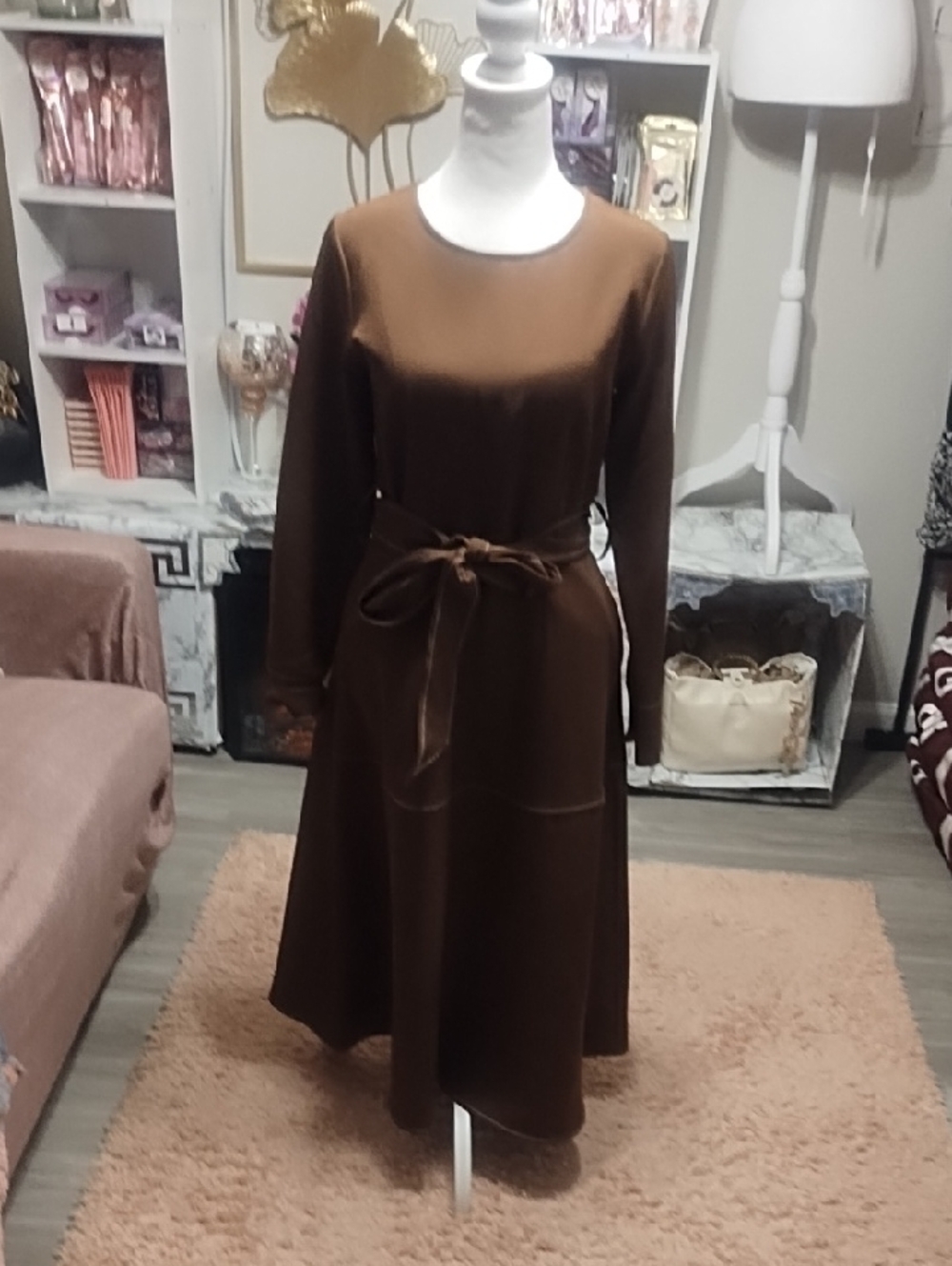 Classic Brown Long-Sleeve Belted Midi Dress